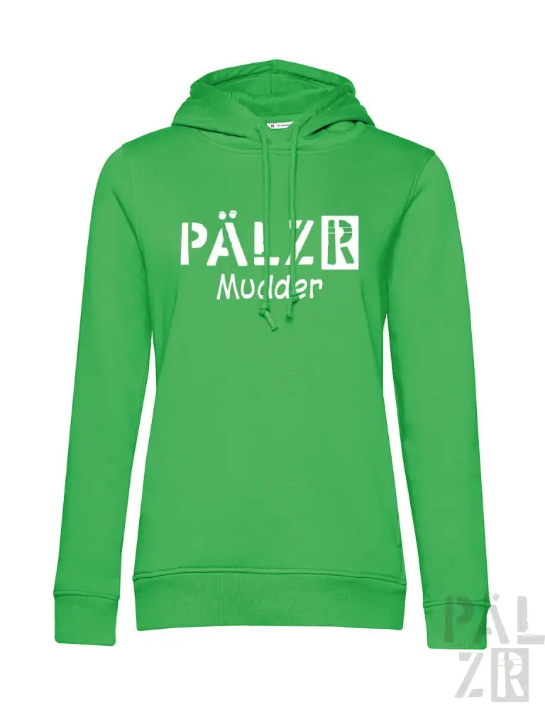 Grüner Hoodie mit Textdesign „pälzer muelder“, Material Baumwolle.