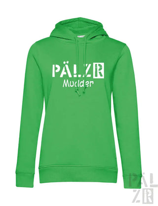 Grüner Hoodie mit Textdesign „pälzer muelder“, Material Baumwolle.
