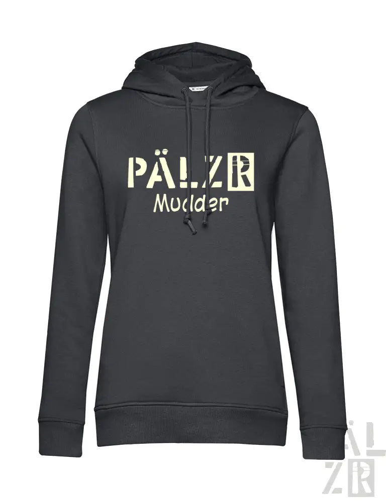 Holzgraue Kapuzenjacke mit ’pälzr mudder’-Text in hellgelb-grün auf der Vorderseite, Material einer Kapuzen-Sweatshirt.