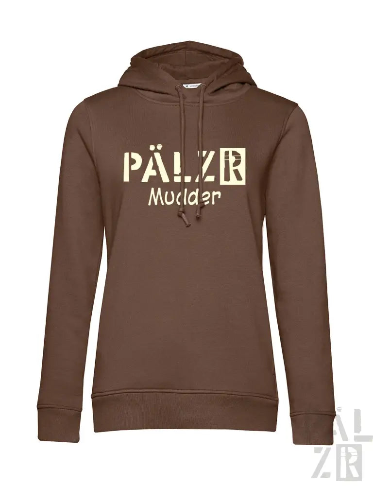 Brauner Hoodie mit ’pälzr muider’ Textdesign, Baumwollmaterial.