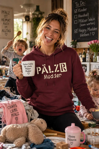 Frauen hoodie in maroon mit weißer stickerei pälzer mudder vorne aus baumwolle von bluefog