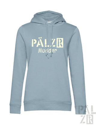 Hellblaues Hoodie mit Text ’pälzr muclden’ in Weiß.
