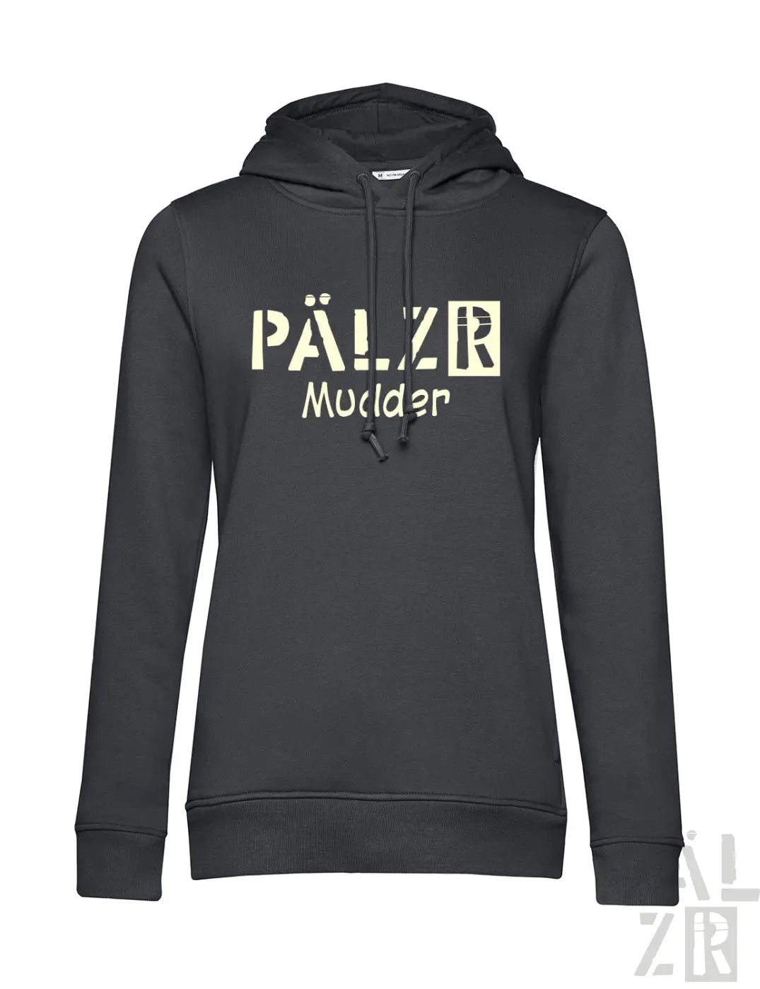 Frauen hoodie in schwarz mit cremefarbenem pälzr mudder logo auf der brust aus blauigem fog material