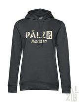 Frauen hoodie in schwarz mit cremefarbenem pälzr mudder logo auf der brust aus blauigem fog material