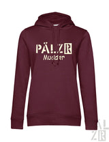Frauen hoodie pälzr mudder in maroon mit cremefarbenem logo und kapuze für casual look