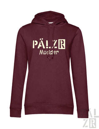 Frauen hoodie pälzr mudder in maroon mit cremefarbenem logo und kapuze für casual look
