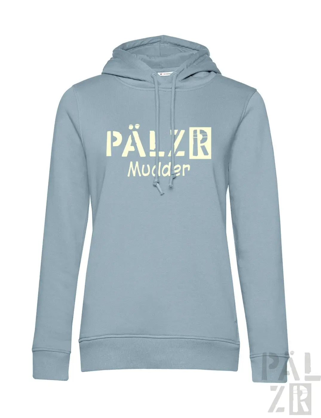 A light blue soft cotton frauen hoodie with a bold cream colored pä lzr mudder logo across the chest