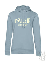 A light blue soft cotton frauen hoodie with a bold cream colored pä lzr mudder logo across the chest