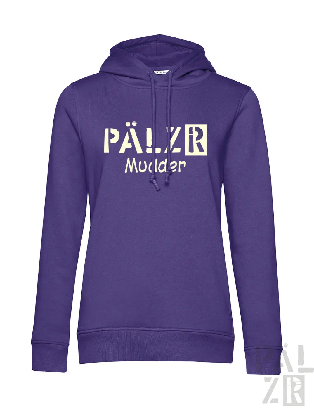 Frauen hoodie in lila mit weißem pälzr mudder grafikprint in beige auf der brust aus weicher baumwolle
