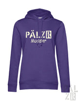 Frauen hoodie in lila mit weißem pälzr mudder grafikprint in beige auf der brust aus weicher baumwolle