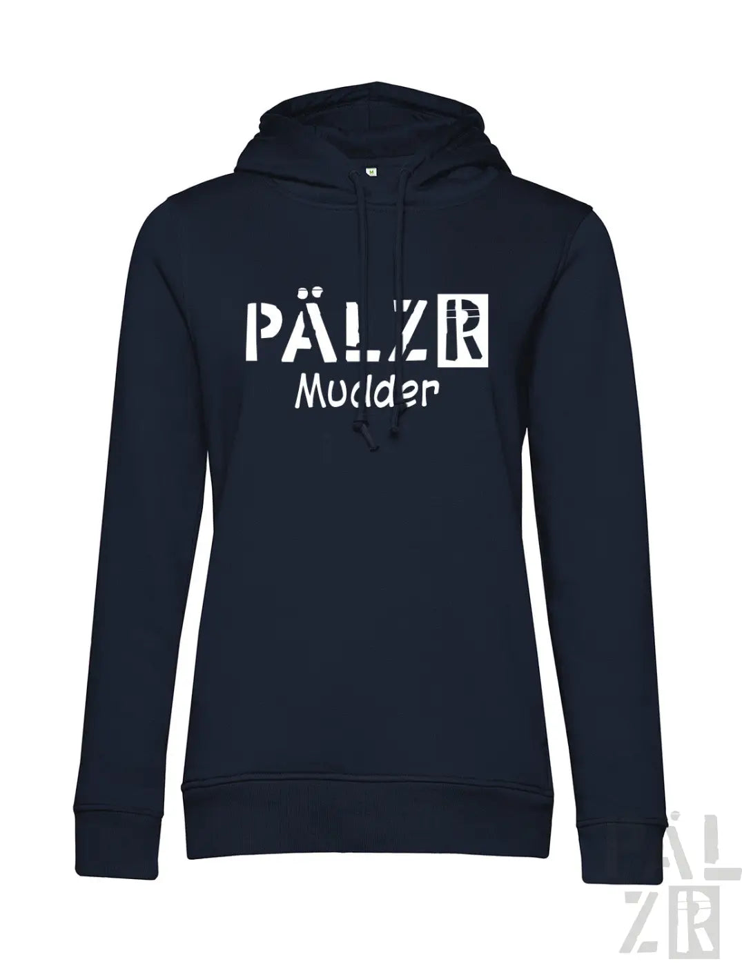 Frauen hoodie in navy blau mit weißem pälzr mudder logo auf der brust aus beigem stoff