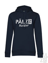 Frauen hoodie in navy blau mit weißem pälzr mudder logo auf der brust aus beigem stoff