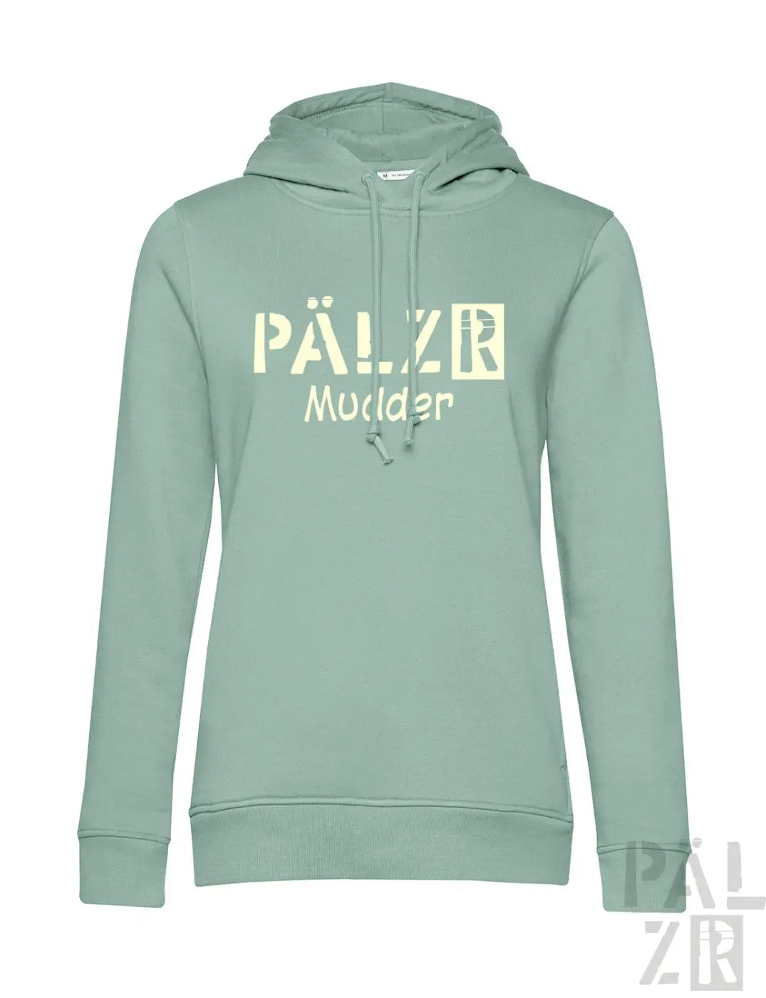 Weiches mintgrünes frauen hoodie pälzr mudder mit großem beige logo und passenden kapuzenbändern