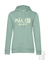 Weiches mintgrünes frauen hoodie pälzr mudder mit großem beige logo und passenden kapuzenbändern