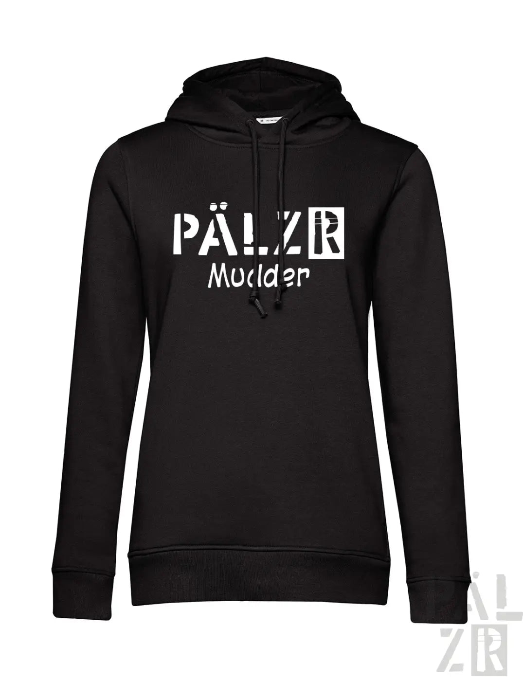 Frauen hoodie in schwarz mit weißem pälzr mudder text und beigem logo in bluefog material