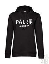 Frauen hoodie in schwarz mit weißem pälzr mudder text und beigem logo in bluefog material
