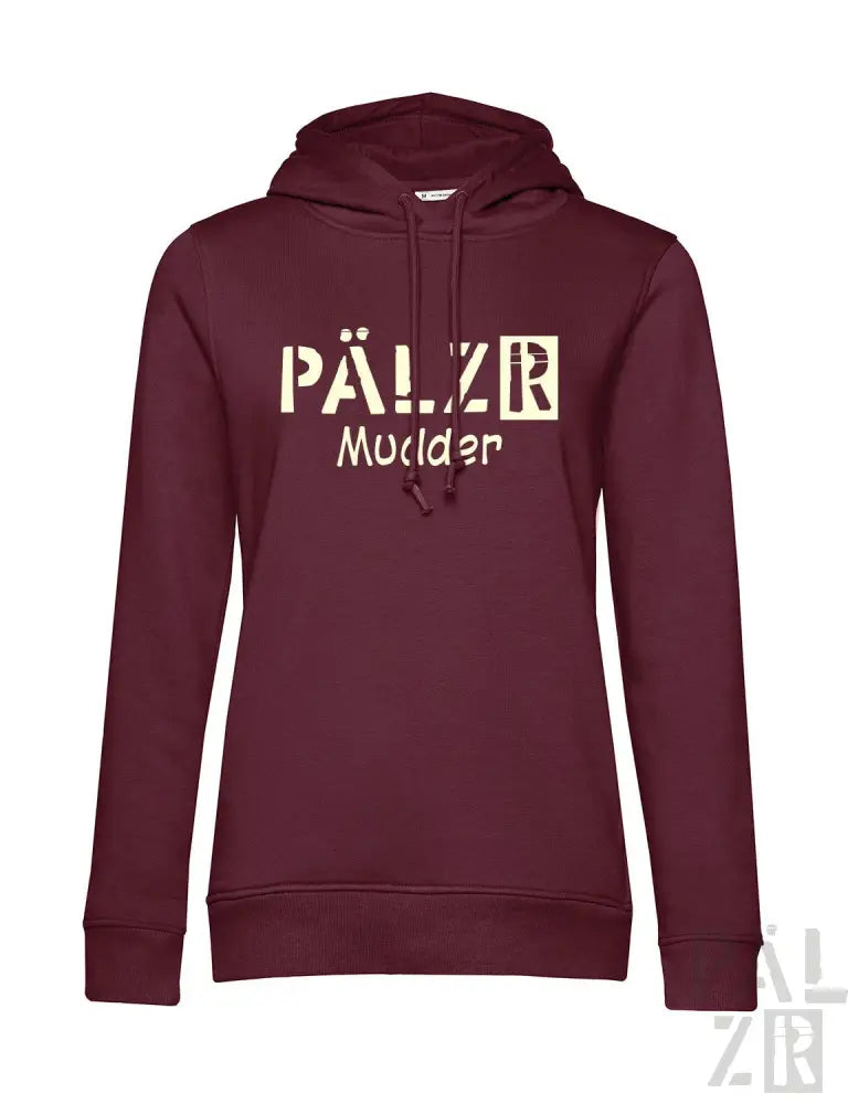 Bordeauxfarbene Kapuzenjacke mit ’pälzr mudder’ Textdesign, Baumwollmaterial.