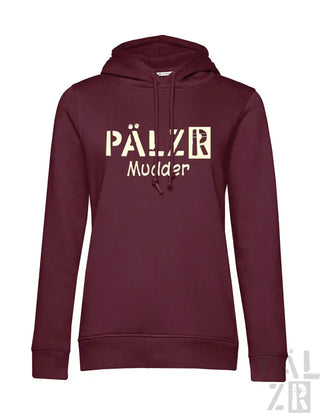 Bordeauxfarbene Kapuzenjacke mit ’pälzr mudder’ Textdesign, Baumwollmaterial.