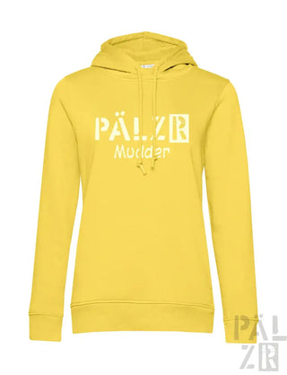 Gelbes Hoodie mit ‘pälzer’ und ‘münster’ Textdesign.
