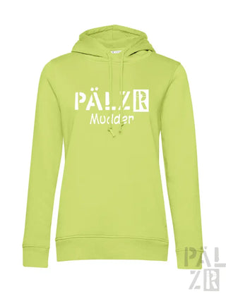 Limetgrüner Hoodie mit ’pälzr murder’ Textdesign, Material Kapuzen-Sweatshirt.