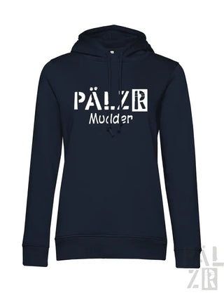 Marineblaue Kapuzenjacke mit weißem Text und Design, mit ’pälzr’ in fetten Buchstaben.