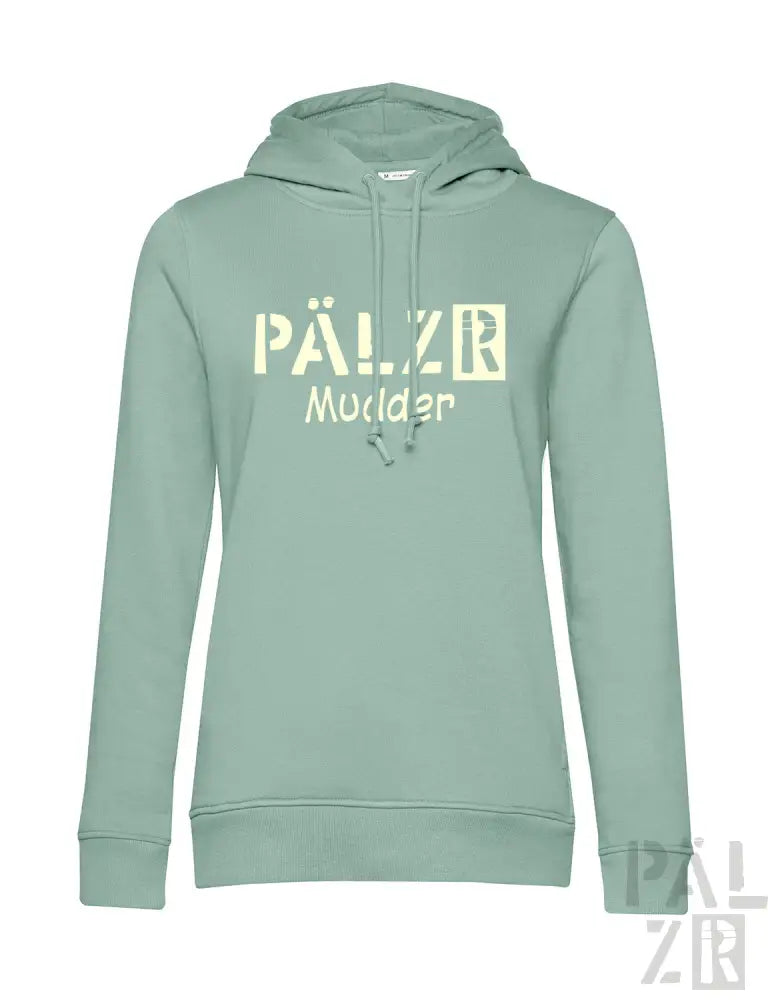 Mintgrüner Hoodie mit dem Text ’pälzr mudder’ in Weiß, aus Baumwolle gefertigt.