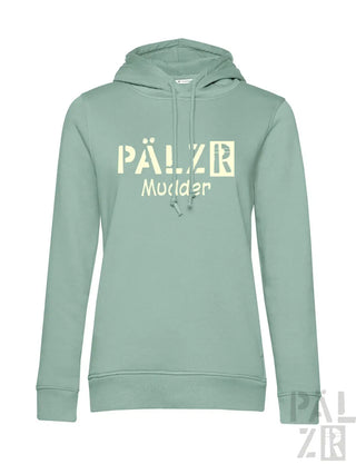 Mintgrüner Hoodie mit dem Text ’pälzr mudder’ in Weiß, aus Baumwolle gefertigt.