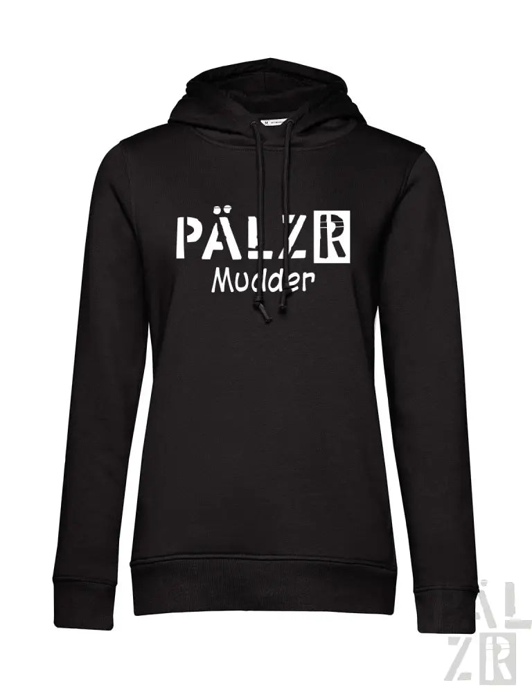 Schwarze Hoodie mit Textdesign ’pälzr mudder’, aus Fleece-Material gefertigt.