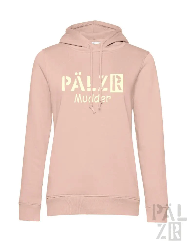 Hellrosa Hoodie mit „pälzr“ und „munlager“ Text in Gelb, mit Kordelkapuze.
