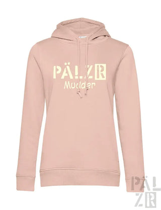 Hellrosa Hoodie mit „pälzr“ und „munlager“ Text in Gelb, mit Kordelkapuze.