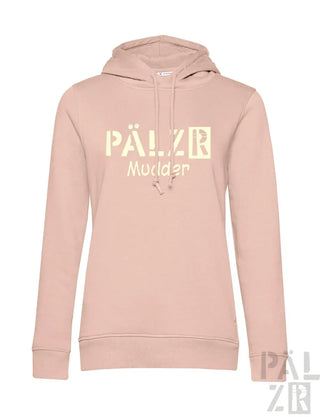 Hellrosa Hoodie mit „pälzr“ und „munlager“ Text in Gelb, mit Kordelkapuze.