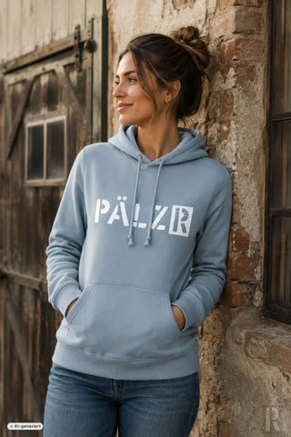 Frauen hoodie aus hellblauer baumwolle mit weißem pälzr print auf der brust von pälzr originals