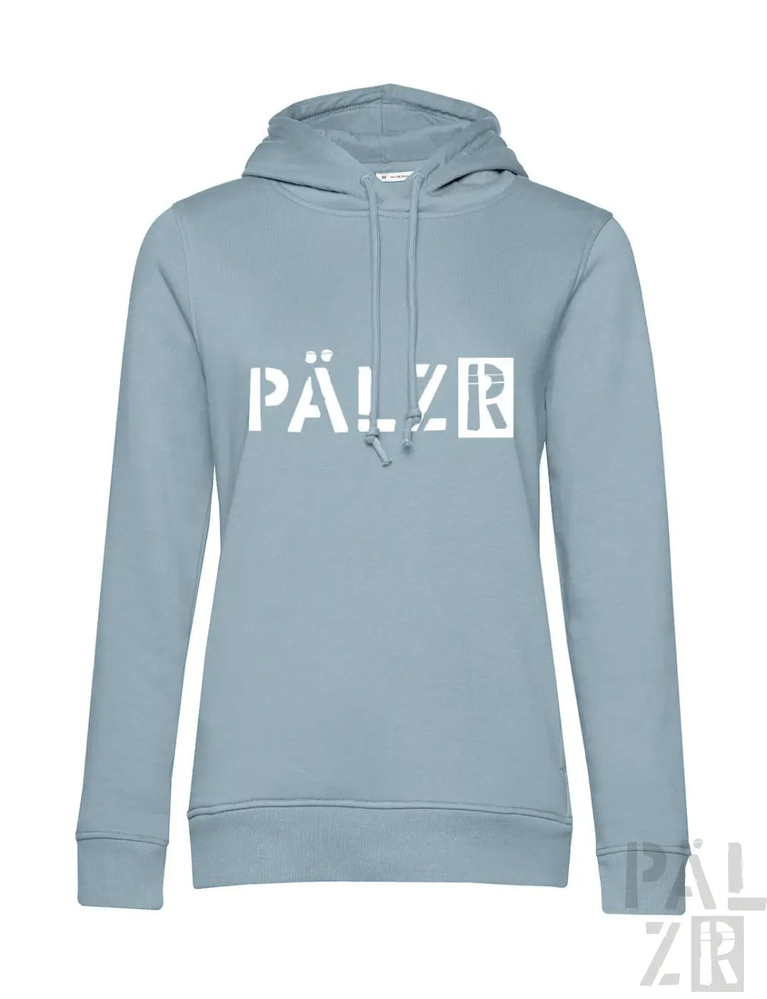 Frauen hoodie von pälzr originals in hellblau mit weißem logo auf der brust aus weichem material