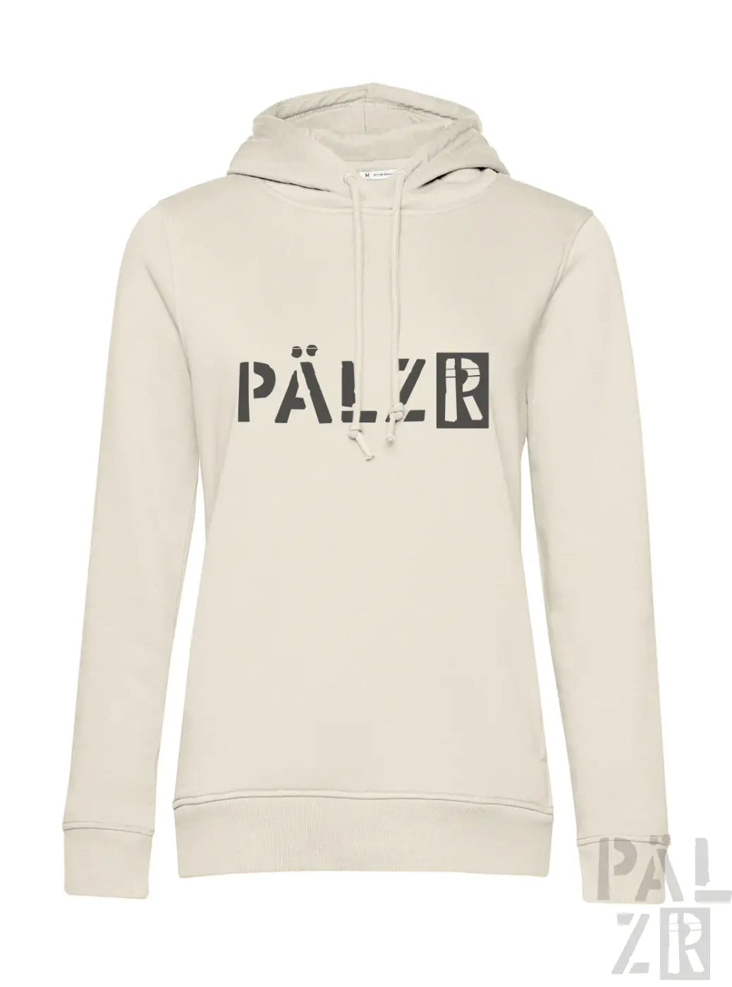 Beige pälz hoodie für frauen mit schwarzer grafikschrift auf der brust von pälz originals in verschiedenen farben