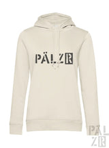 Beige pälz hoodie für frauen mit schwarzer grafikschrift auf der brust von pälz originals in verschiedenen farben