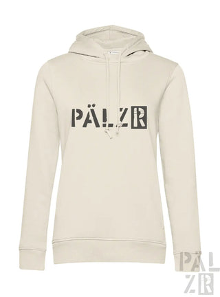 Beige pälz hoodie für frauen mit schwarzer grafikschrift auf der brust von pälz originals in verschiedenen farben