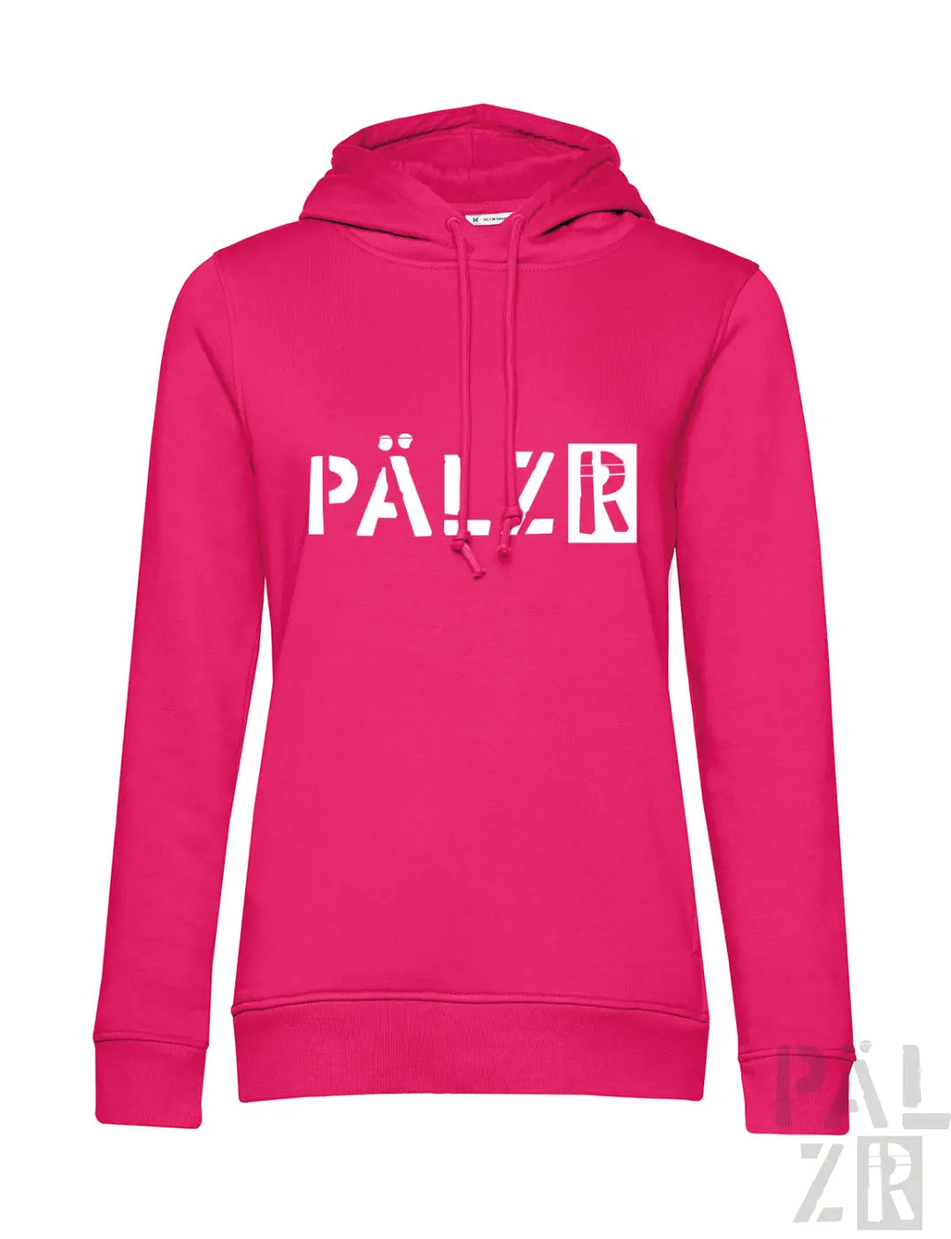 Ein pinker frauen hoodie aus baumwolle mit weißem pälzr logo auf der brust von pälzr originals