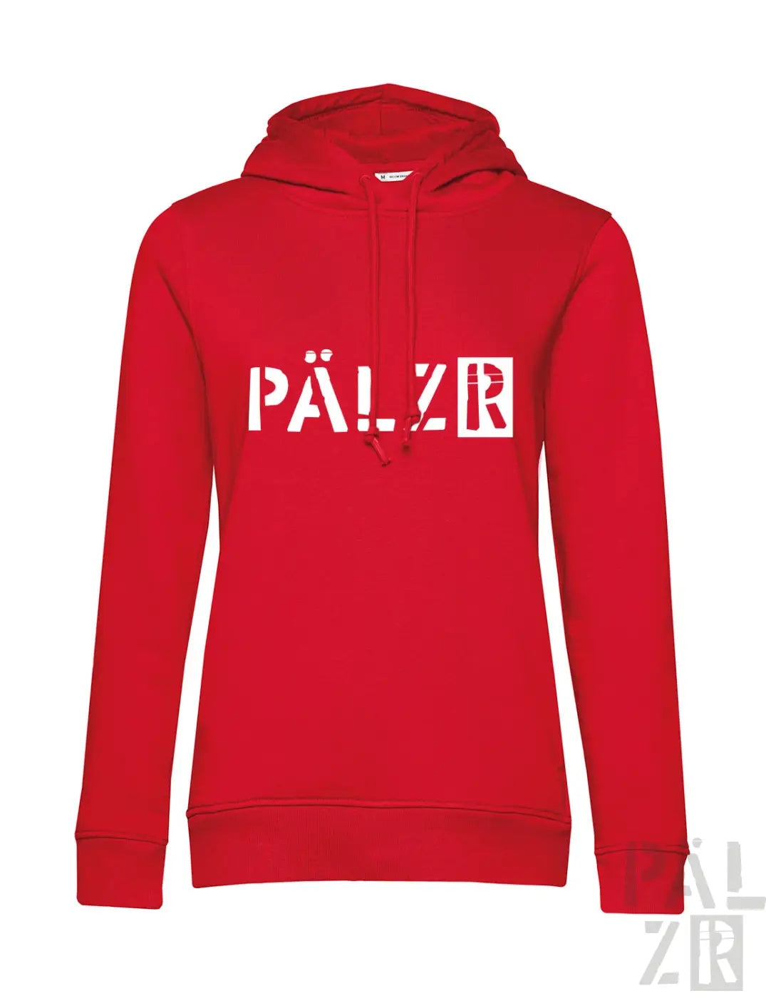 Roter pälzr hoodie für frauen aus verschiedenen farben mit weißer schrift auf der brust von pälzr originals
