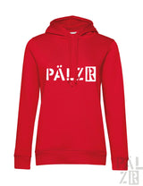 Roter pälzr hoodie für frauen aus verschiedenen farben mit weißer schrift auf der brust von pälzr originals