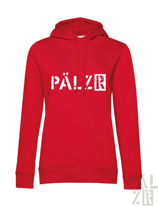 Roter pälzr hoodie für frauen aus verschiedenen farben mit weißer schrift auf der brust von pälzr originals