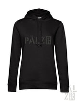 Schwarzer pälzr hoodie frauen in verschiedenen farben mit dezentem grauem logo aus pälzr originals material