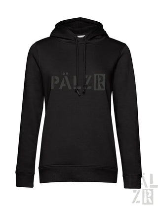 Schwarzer pälzr hoodie frauen in verschiedenen farben mit dezentem grauem logo aus pälzr originals material