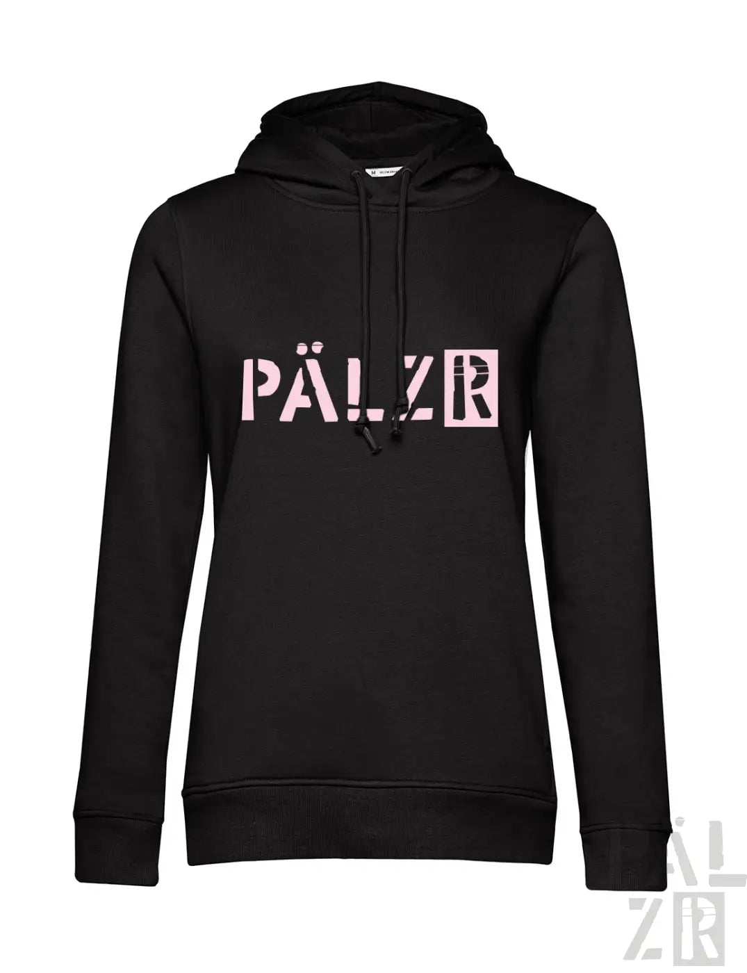 Frauen hoodie in schwarz mit rosa pälzr schriftzug auf der brust aus der pälzr originals kollektion