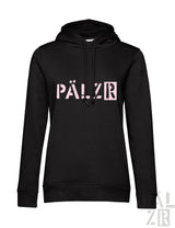 Frauen hoodie in schwarz mit rosa pälzr schriftzug auf der brust aus der pälzr originals kollektion