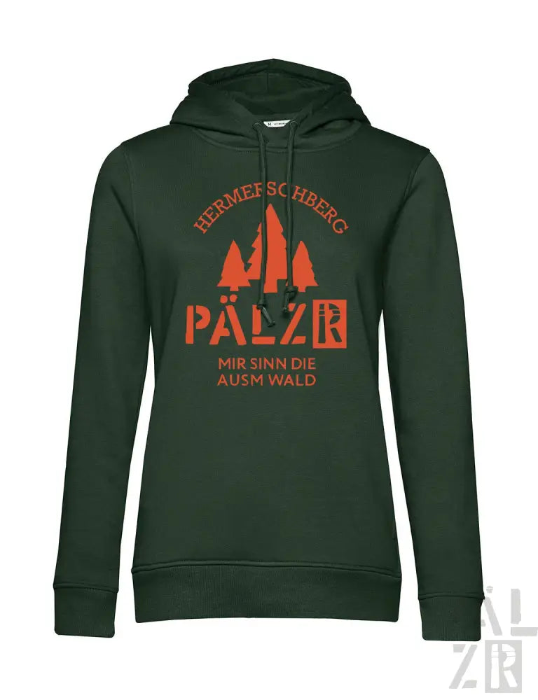 Grüner Hoodie mit ’hermescherberg pälzer’-Design und orangefarbenem Text, Kapuzen-Sweatshirt.