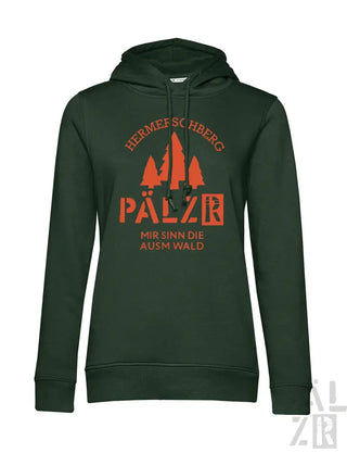 Grüner Hoodie mit ’hermescherberg pälzer’-Design und orangefarbenem Text, Kapuzen-Sweatshirt.