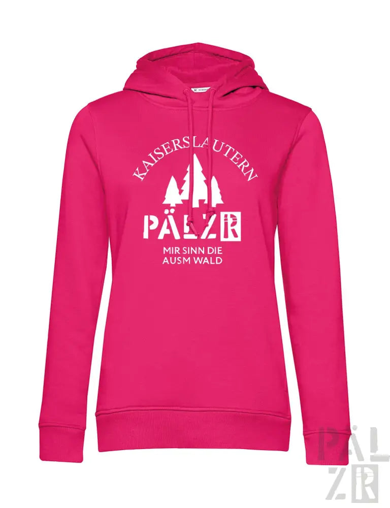 Rosa Hoodie mit weißem Text und Design mit Bäumen, ’kaiserslautern pälzer mir sinn die ausm wald’ darauf gedruckt.