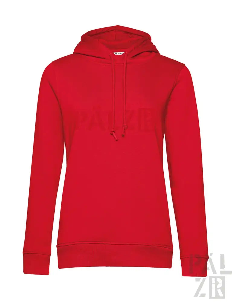 Roter Hoodie mit Kordelkapuze und Vordertasche, wahrscheinlich aus Baumwolle oder Polyester-Mischung.