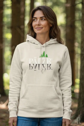 Creme-farbene Hoodie mit ’palm breeze’ Text und Blatt-Design, aus weichem Baumwollstoff.