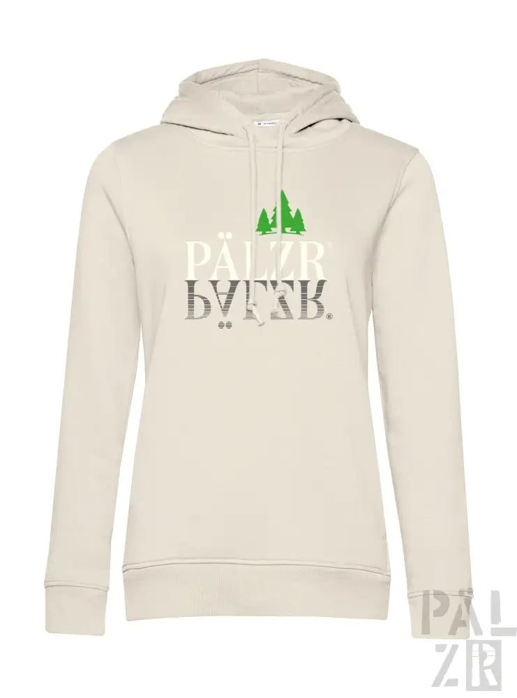 Cremeweißer Hoodie mit grünem Baum-Design und Text ’pälzb’ auf der Vorderseite.